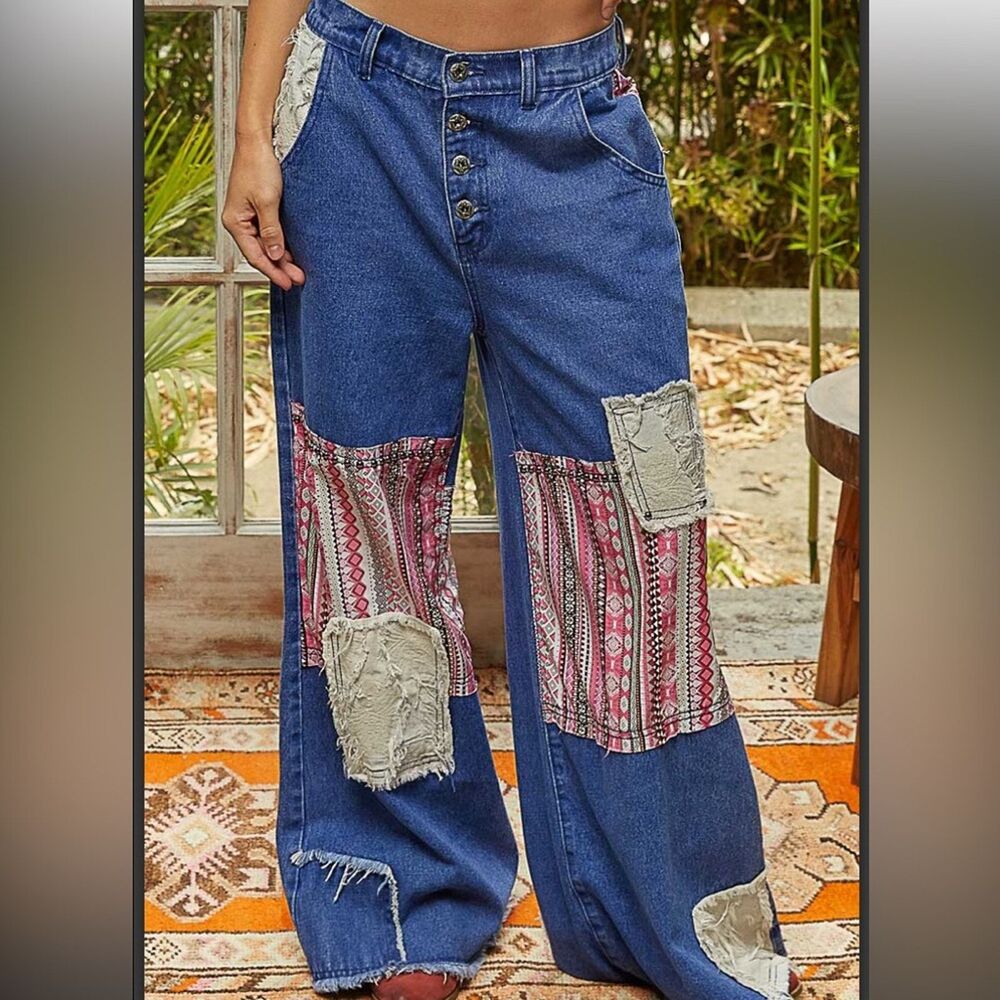 POL Denim Patchwork Wide-Leg Pants - Picture 3 of 5